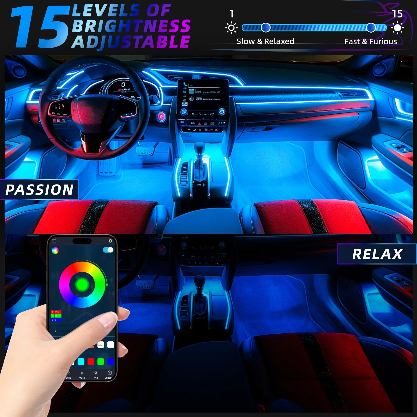 RGB Car Interior LED Ambient Light Kit – App & Remote Control