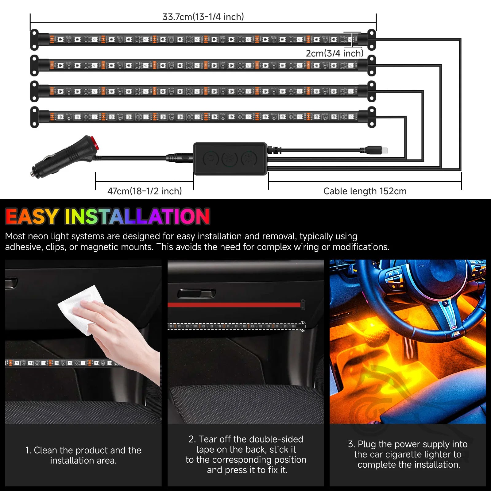 RGB Car Interior LED Ambient Light Kit – App & Remote Control